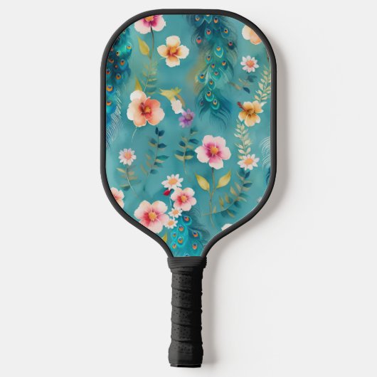 Levendige pauw met veren en weelderige bloemen pickleball paddle (Achterkant)