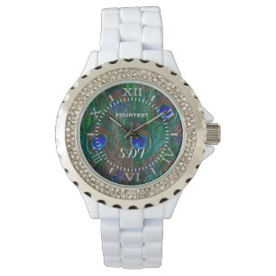 Levendige Peacock Feathers Etsen Stijl Wijzerplaat Horloge