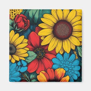Levendige Pop Art Floral Design met Zonnebloemen Magneet