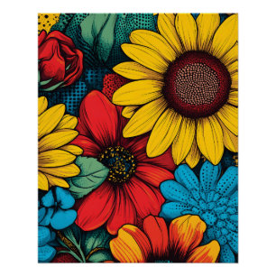 Levendige Pop Art Floral Design met Zonnebloemen Perfect Poster