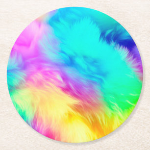 Levendige Regenboog Fluffy Vacht Textuur Achtergro Ronde Kartonnen Onderzetter