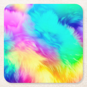 Levendige Regenboog Fluffy Vacht Textuur Achtergro Vierkante Kartonnen Onderzetter