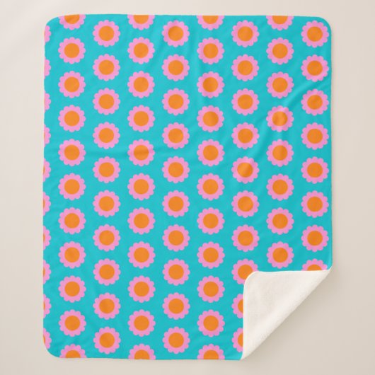 Levendige Retro 60s Turquoise Mod Flower Pattern Sherpa Deken (Voorkant)