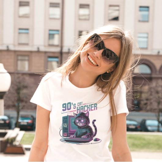 Levendige Retro 90s Cat Hacker T-shirt
