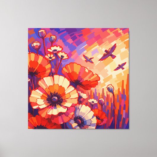 Levendige Retro Bloemenschildering op Canvas | Kra Afdruk (Voorkant)