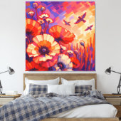 Levendige Retro Bloemenschildering op Canvas | Kra Afdruk (Insitu (Slaapkamer))