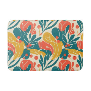Levendige Retro Botanische Bloemen Teal en Oranje Badmat