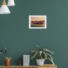 Levendige retro koraal zonsondergang Bodrum haven  Poster