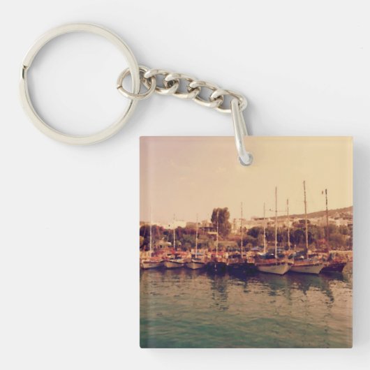 Levendige retro koraal zonsondergang Bodrum haven Sleutelhanger (voorkant)