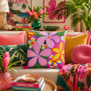Levendige Retro Plumeria Pop Art Roze Geel Kussen