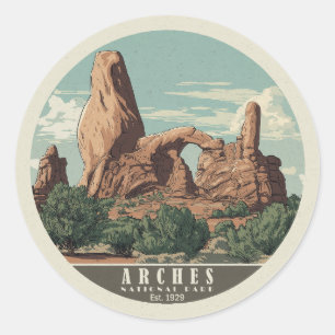 Levendige Retro-stijl Arches National Park Ronde Sticker