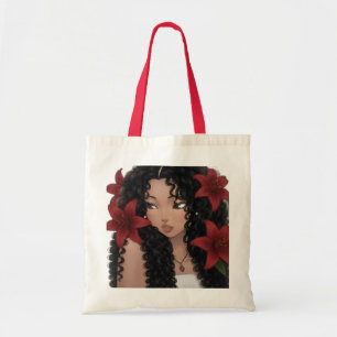 Levendige Rode Bloem en Meisje met Krullend Haar B Tote Bag