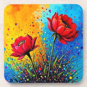 Levendige rode bloemen Pop Art Print Bier Onderzetter