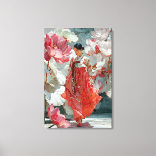 Levendige rode Hanbok en roze bloemenschildering o Canvas Afdruk