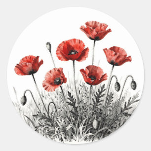 Levendige rode klaproos bloemenweide ronde sticker