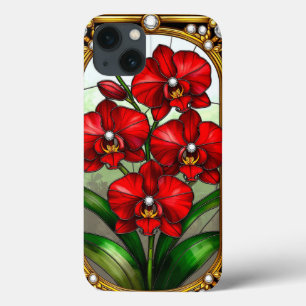 Levendige rode orchideeën in een ornamentale goude iPhone 13 hoesje