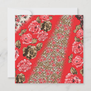Levendige rode stof met ingewikkelde bloemen en aankondiging