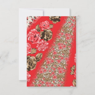 Levendige rode stof met ingewikkelde bloemen en bedankkaart