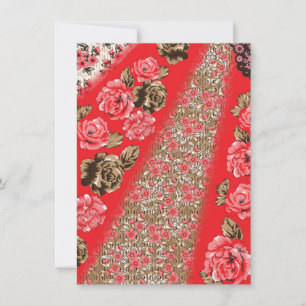 Levendige rode stof met ingewikkelde bloemen en kaart