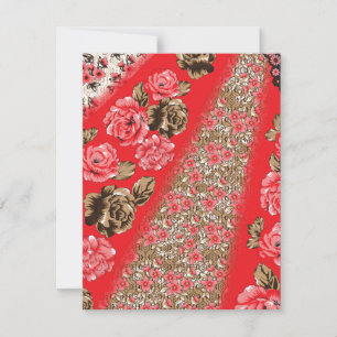 Levendige rode stof met ingewikkelde bloemen en notitiekaartje