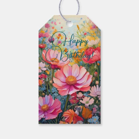 Levendige romantische bloementuin verjaardag cadeaulabel (Voorkant)