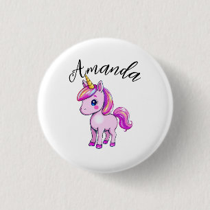 Levendige Roze Eenhoorn Meisje Naam Ronde Button 3,2 Cm