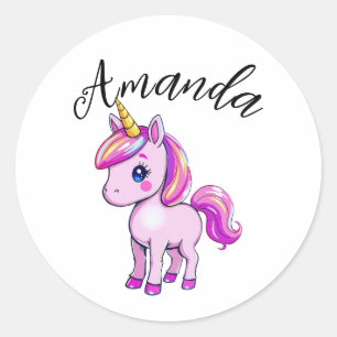 Levendige Roze Eenhoorn Meisje Naam Ronde Sticker