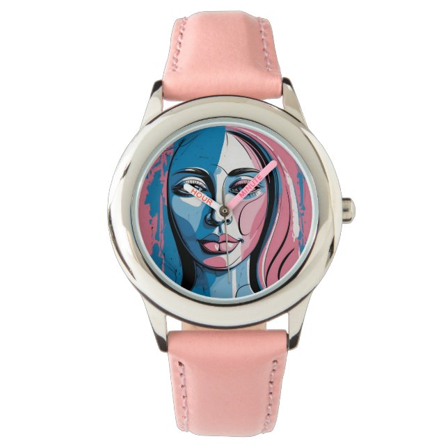 Levendige Roze en Blauwe Abstracte Gezichtskunst Horloge (Voorkant)