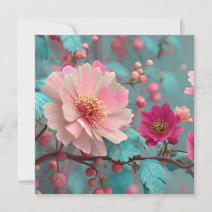Levendige Roze en Blauwe Fantasie Bloemenkunst Feestdagenkaart
