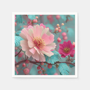 Levendige Roze en Blauwe Fantasie Bloemenkunst Servet
