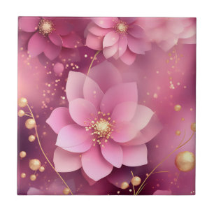 Levendige roze en gouden bloemen tegeltje