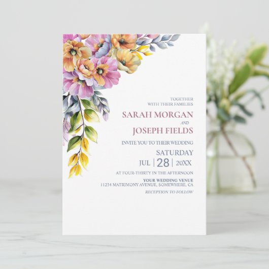 Levendige roze en Oranje bloemenbruiloft Kaart (Staand voorkant)