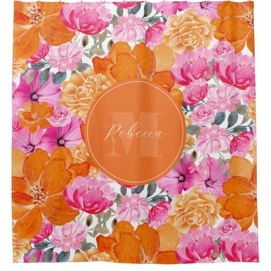 Levendige Roze en Oranje Bloementuin Aangepaste na Douchegordijn (Voorkant)