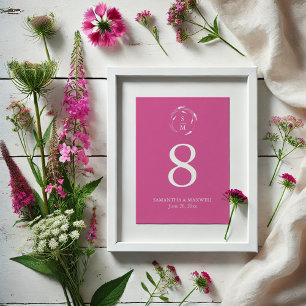 Levendige roze monogram bruiloft tafel nummer Kaar Kaart
