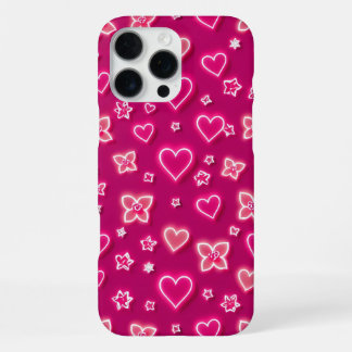 Levendige Roze Neon Harten en Bloemen Retro Patroo iPhone 16 Pro Max Hoesje