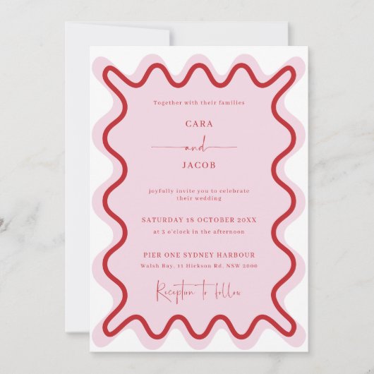 Levendige roze rode golvende grens bruiloft kaart (Voorkant)