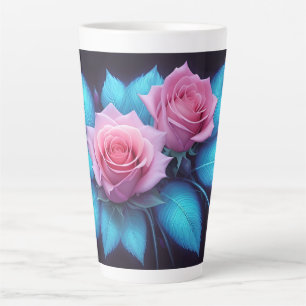 Levendige Roze Rozen en Stralende Blauwe Bladeren Latte Mok