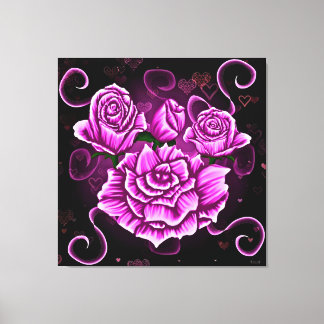 Levendige roze rozen met hartaccenten canvas afdruk