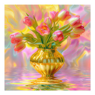 Levendige roze tulpen in gouden vaas foto afdruk