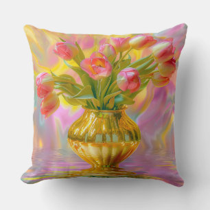 Levendige roze tulpen in gouden vaas kussen