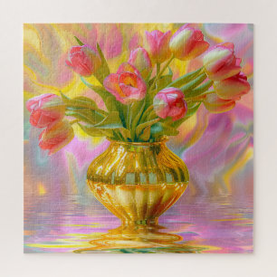 Levendige roze tulpen in gouden vaas legpuzzel
