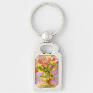 Levendige roze tulpen in gouden vaas sleutelhanger