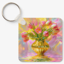 Levendige roze tulpen in gouden vaas