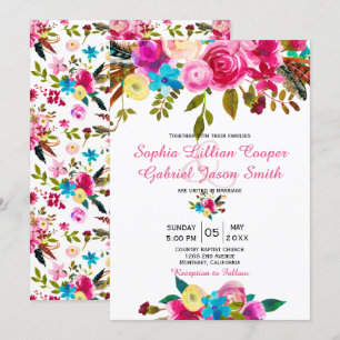 Levendige Roze Waterverf Bloemen Typografie Huweli Kaart