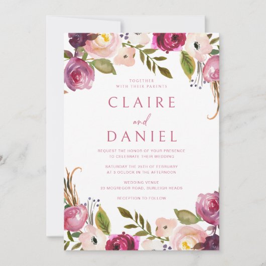 Levendige roze Waterverf bloemenkrans bruiloft Kaart (Voorkant)