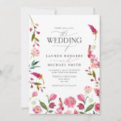 Levendige roze Waterverf bloementuin bruiloft Kaart (Voorkant)