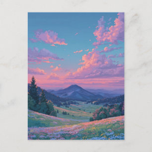 Levendige roze zonsondergang boven bergweide briefkaart