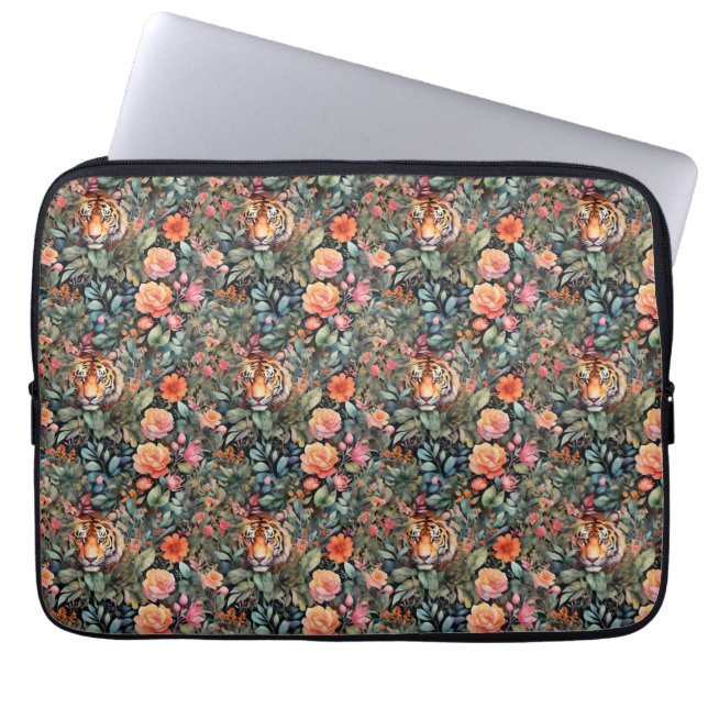 Levendige rozen en tijgers oerwoud laptop sleeve (Voorkant)