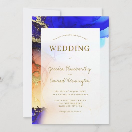Levendige Sapphire Blue Gold Oranje bruiloft Kaart (Voorkant)