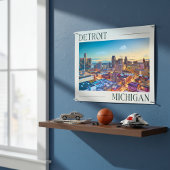 Levendige skyline van Detroit bij zonsondergang Poster